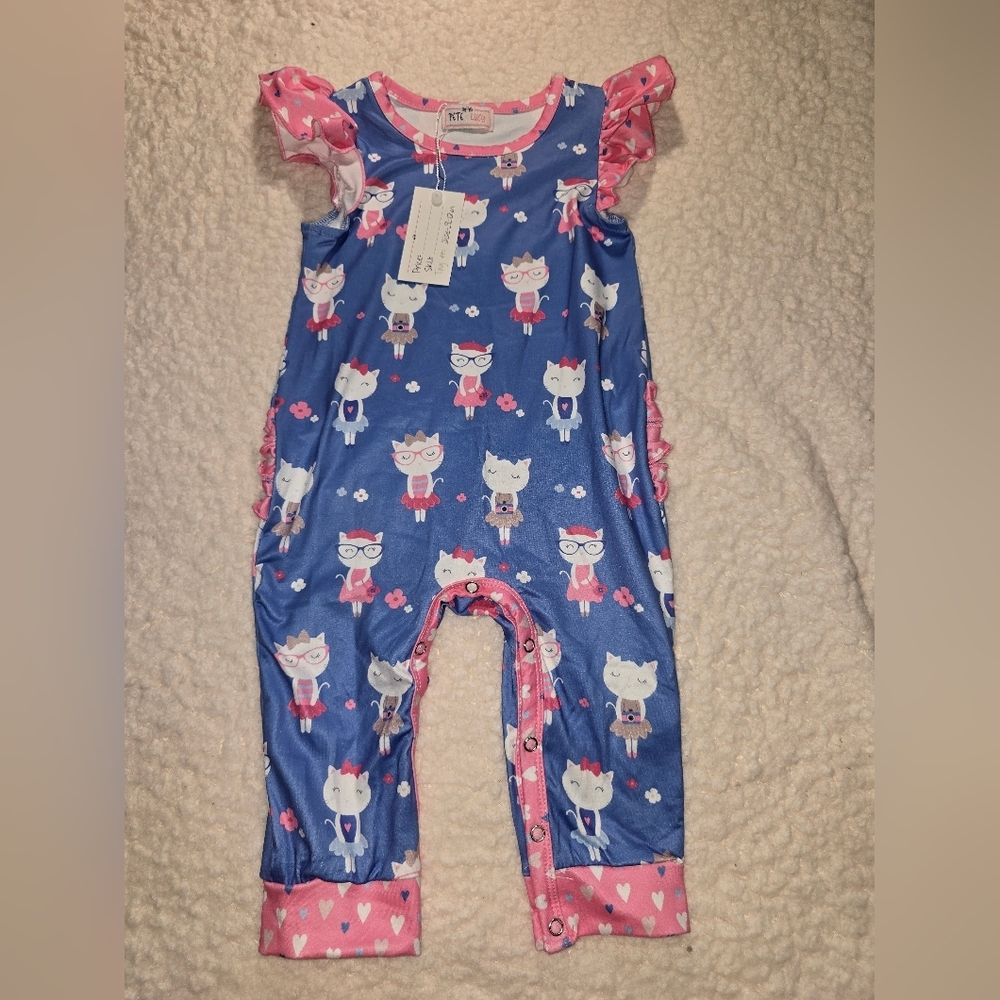 Adorable Blue Cat Print Baby Romper